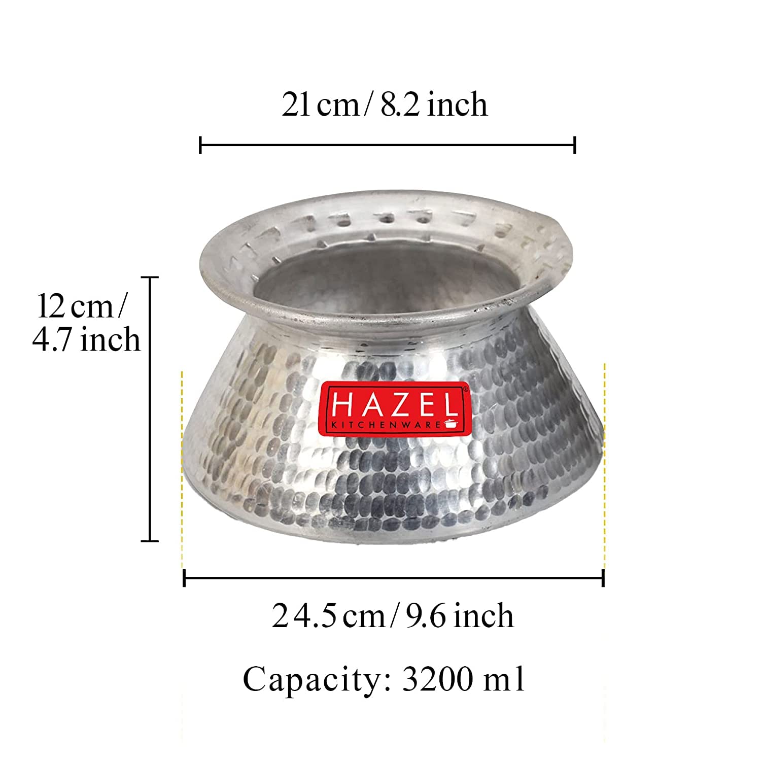 HAZEL Aluminium Handi with Lid 3200 ml | Thick Hammered Biryani Pot - Dista