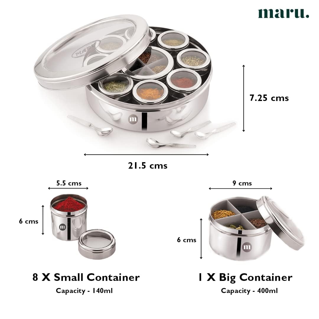 MARU Steel 12-in-1 Spice Box For Kitchen, Durable Masala Dani with Middle Partition Container - Dista