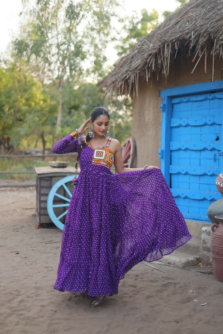 Aastha Fashion Women's Purple Faux Georgette Bandhani Print work with kutchi patchework Gown - Distacart
