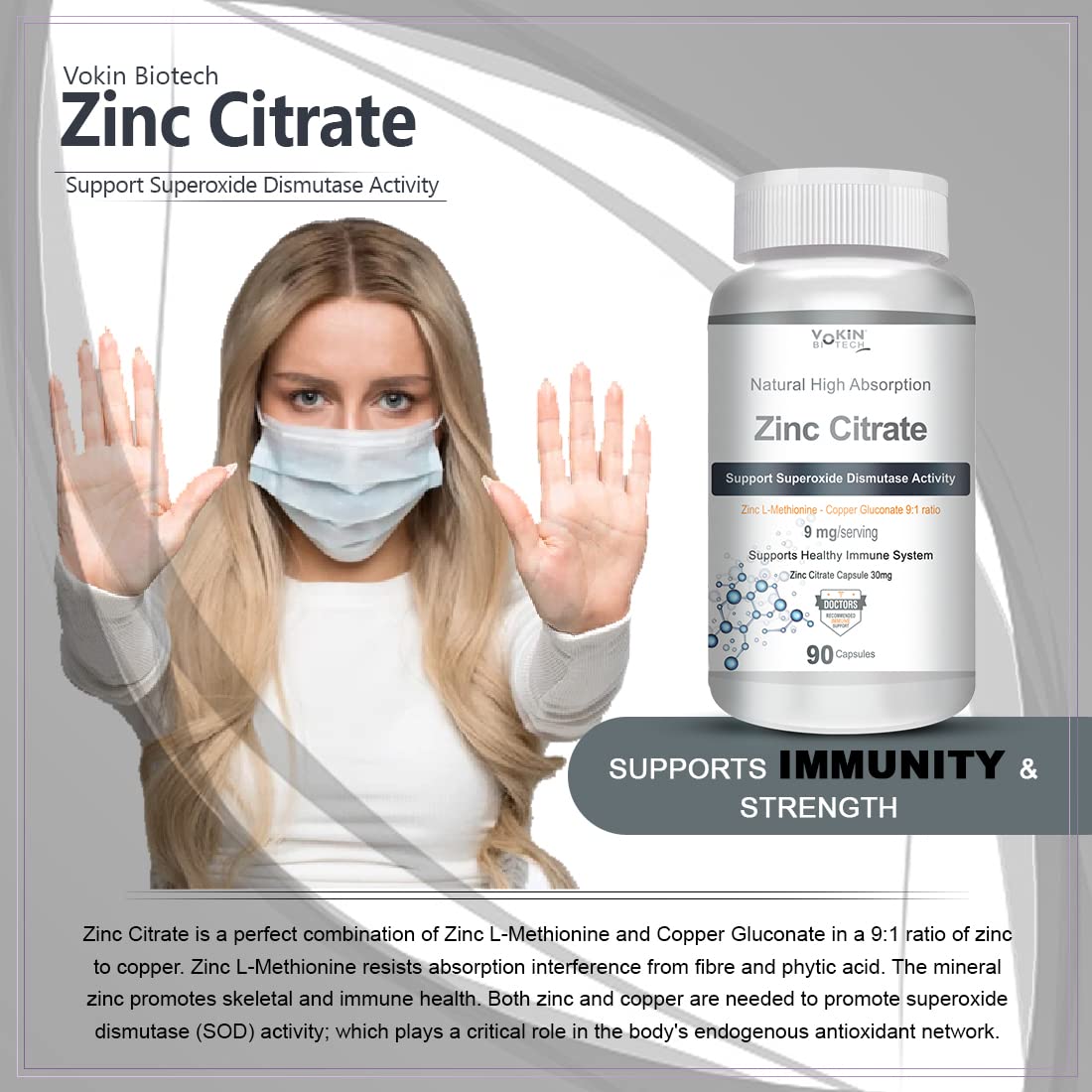 Vokin Biotech Zinc Citrate Supports Healthy Immune system (90 Capsules)