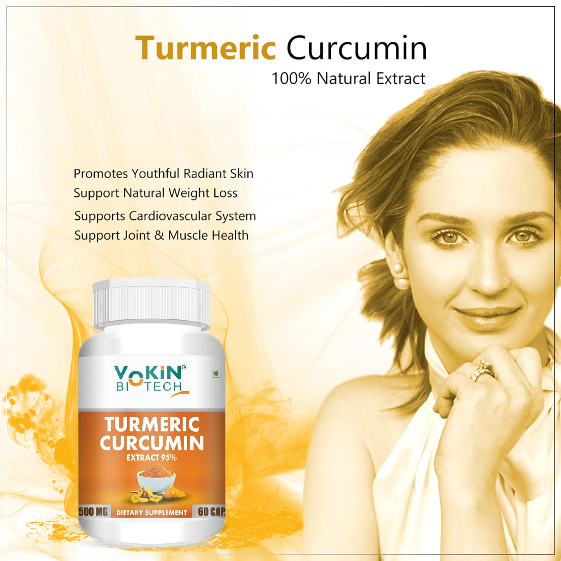 Vokin Biotech Natural Turmeric Curcumin Extract 95%(Curcuminiod) With Piperine 60 Capsules 500Mg