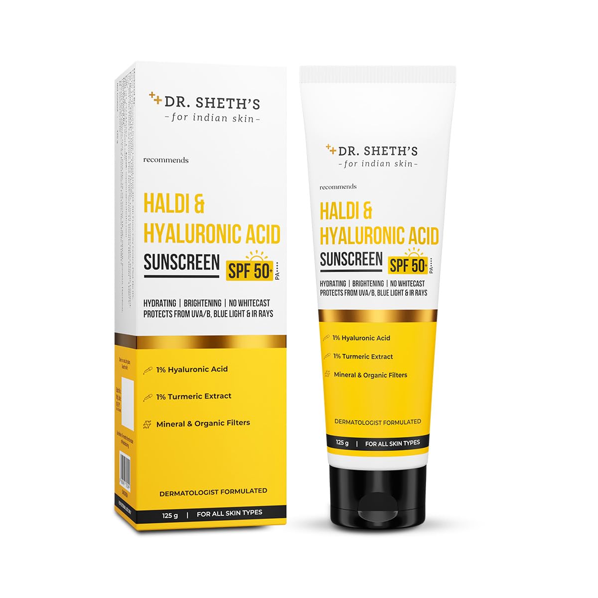 Dr. Sheth's Haldi & Hyaluronic Acid Sunscreen SPF 50+ PA+++ For Hydrating & Brightening Skin, Protects against UVA/UVB & Blue light - Distacart