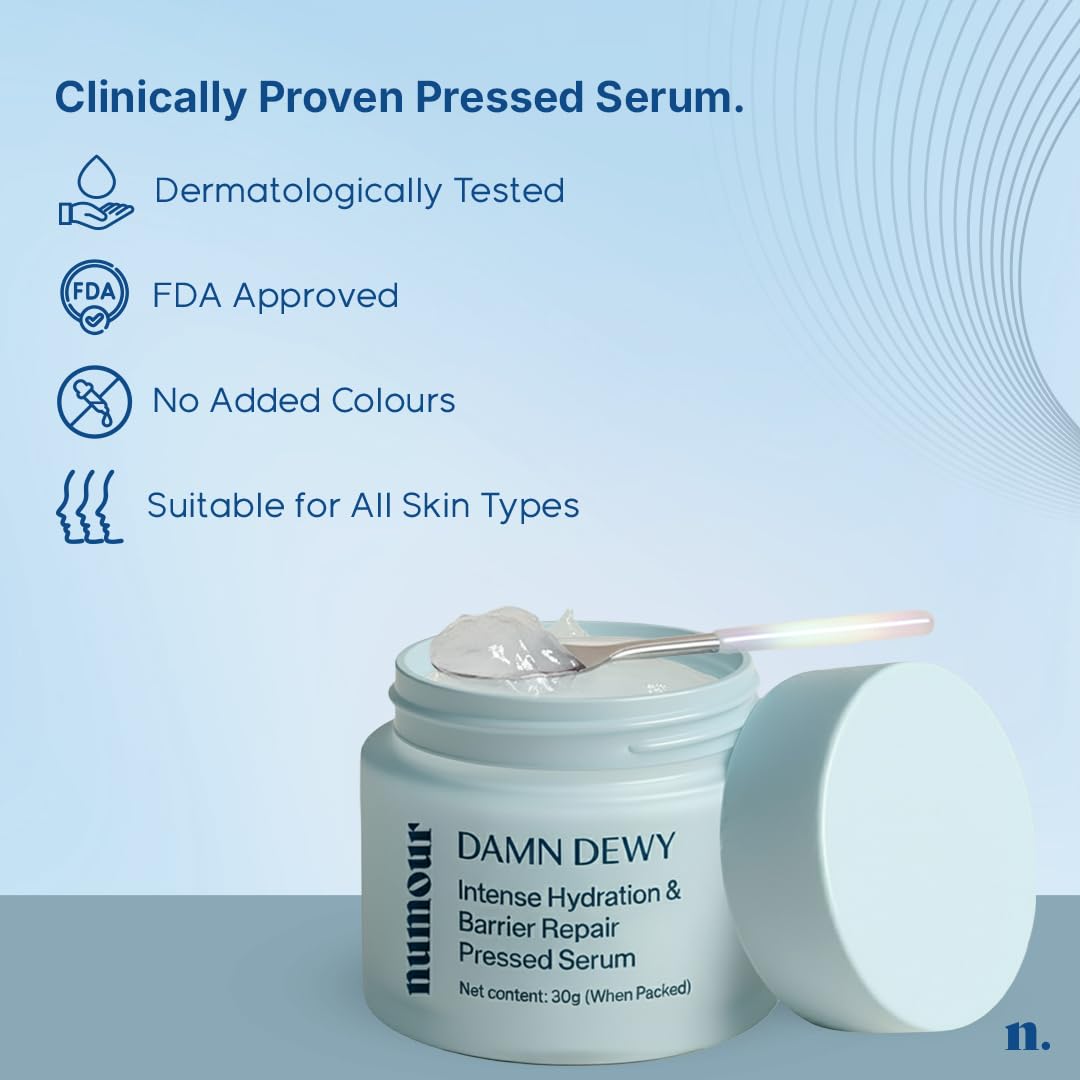 Numour Damn Dewy | Intense Hydration & Barrier Repair Pressed Serum 30g | India's 1st Hydrating Pressed Serum | 11% Hydration Actives | For Dry, Dehydrated, Sensitive & Combination Skin | Men & Women