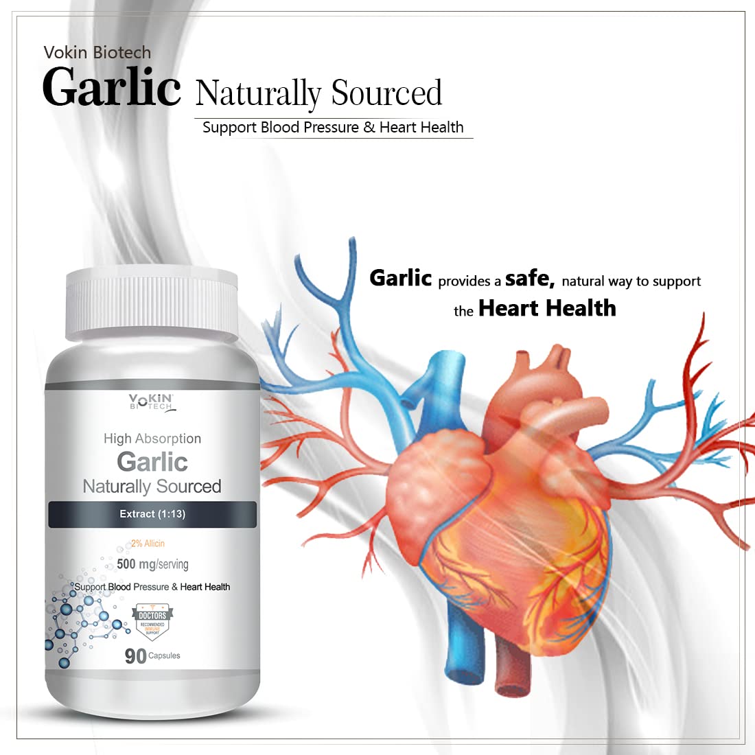 Vokin Biotech Garlic Extract 1:13 Allium Sativum - 500mg, Support Blood Pressure and Heart Health (90 Capsules)