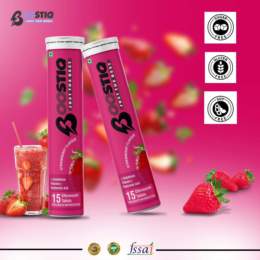 BOOSTIQ Glutathione Vitamin C Effervescent Tablets - Strawberry Flavour - Distacart