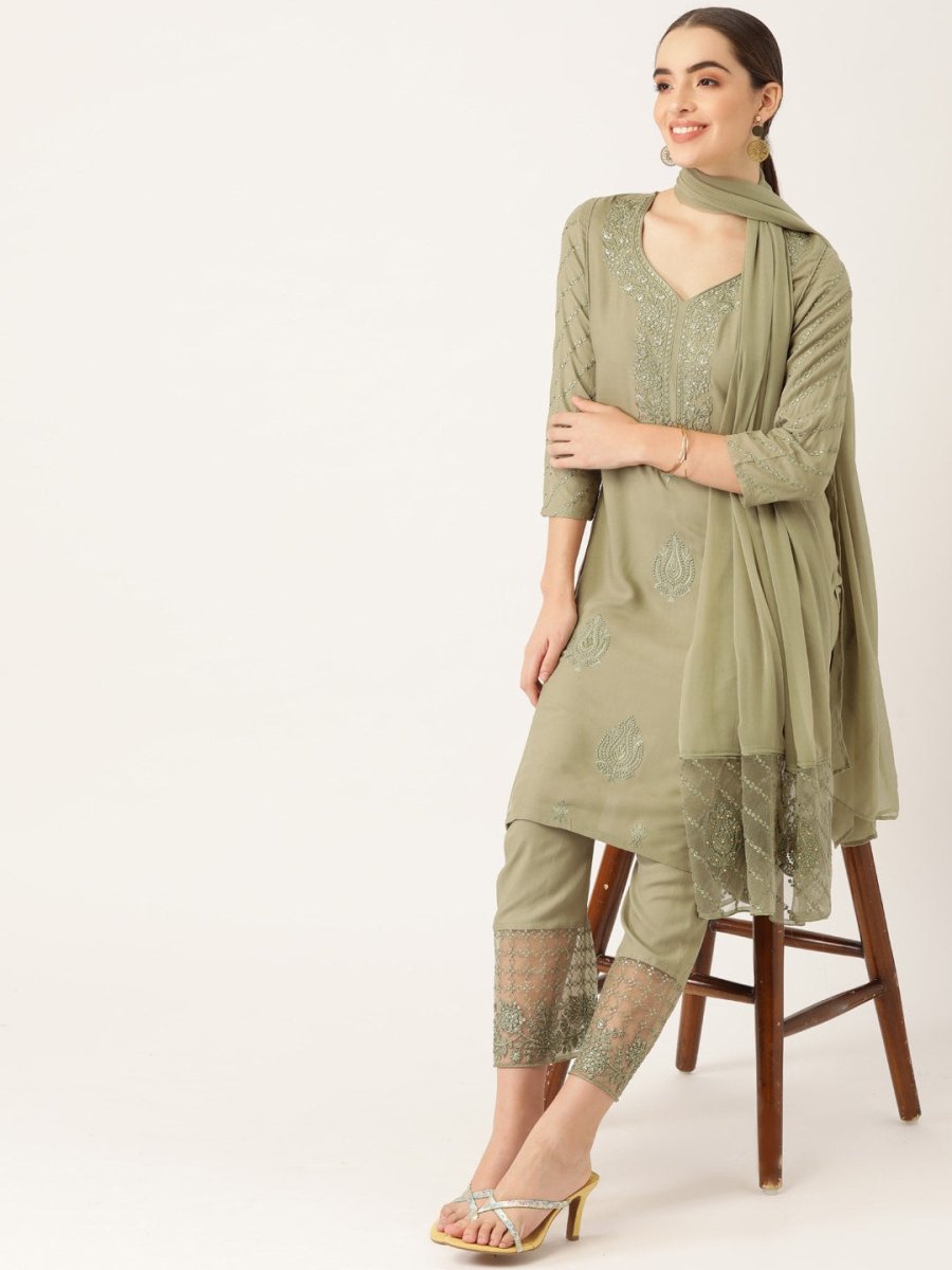 Anouk Women Olive Green Ethnic Motifs Yoke Design Kurta with Palazzos & With Dupatta - Distacart