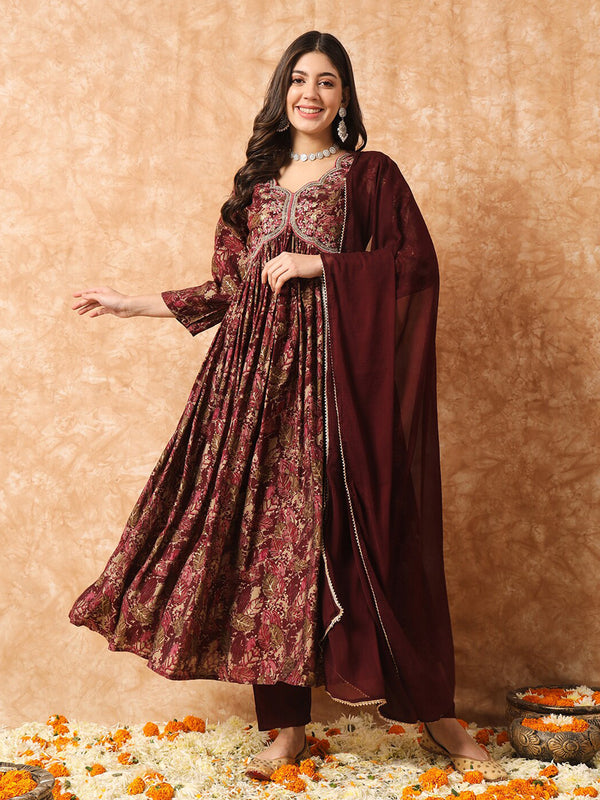 Kalini Floral Printed Empire Thread Work Anarkali Kurta & Trousers With Dupatta - Distacart
