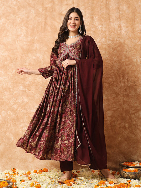 Kalini Floral Printed Empire Thread Work Anarkali Kurta & Trousers With Dupatta - Distacart