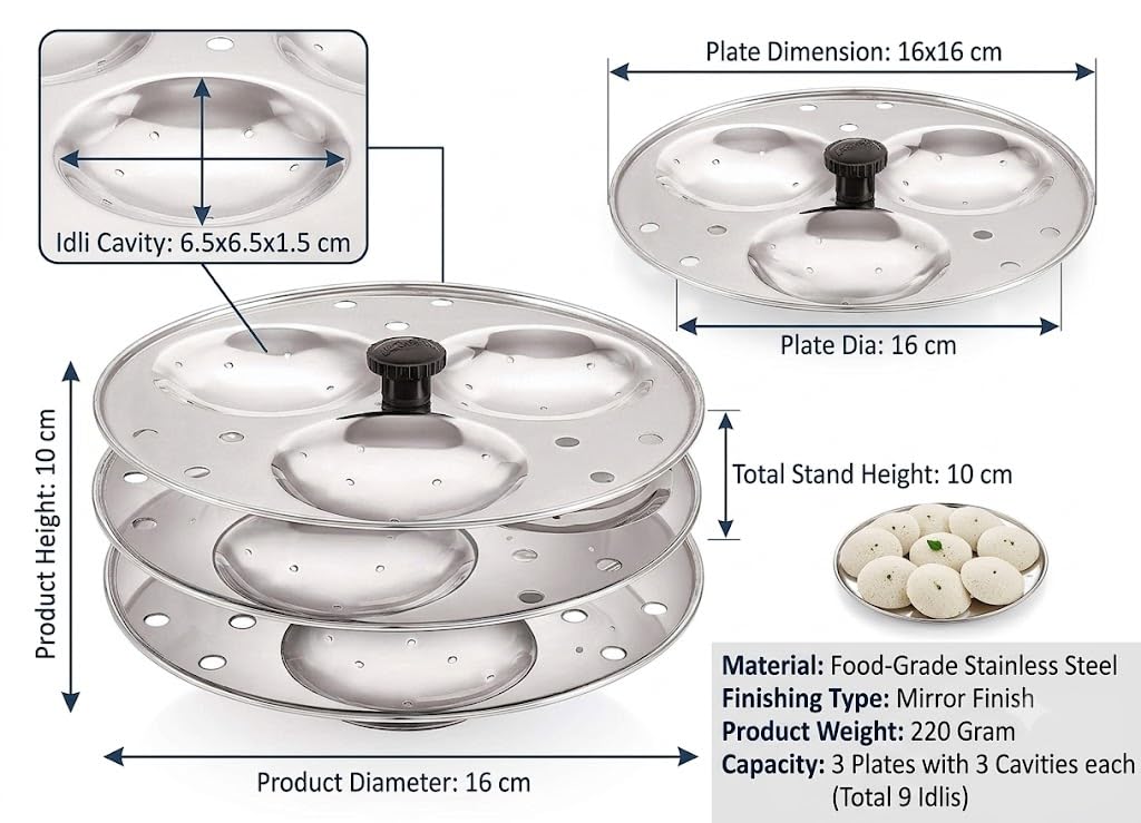 Dynore Stainless Steel Idli Stand Idli Maker 3 x 3 Plates (9 Idli), 9 liter, Silver - Dista