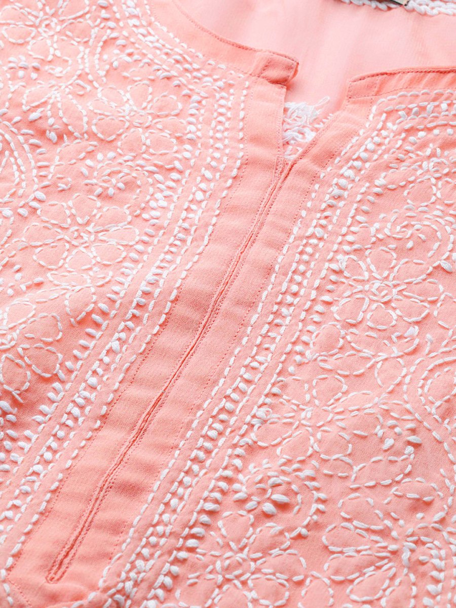 ADA Ada Women Plus Size Peach-Coloured & White Ethnic Motifs Chikankari Georgette Handloom Kurta - Distacart