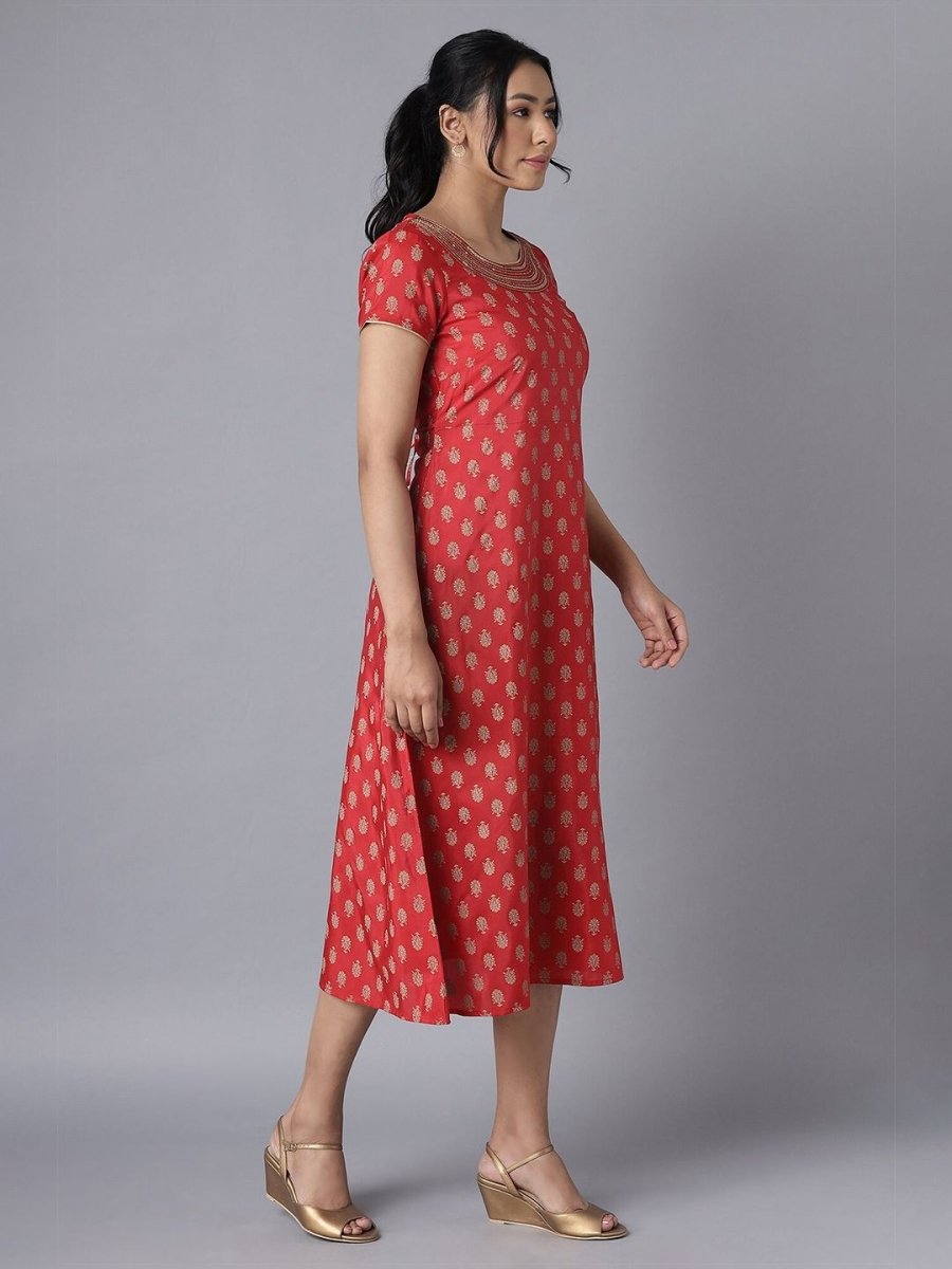 AURELIA Red Ethnic Motifs A-Line Midi Dress