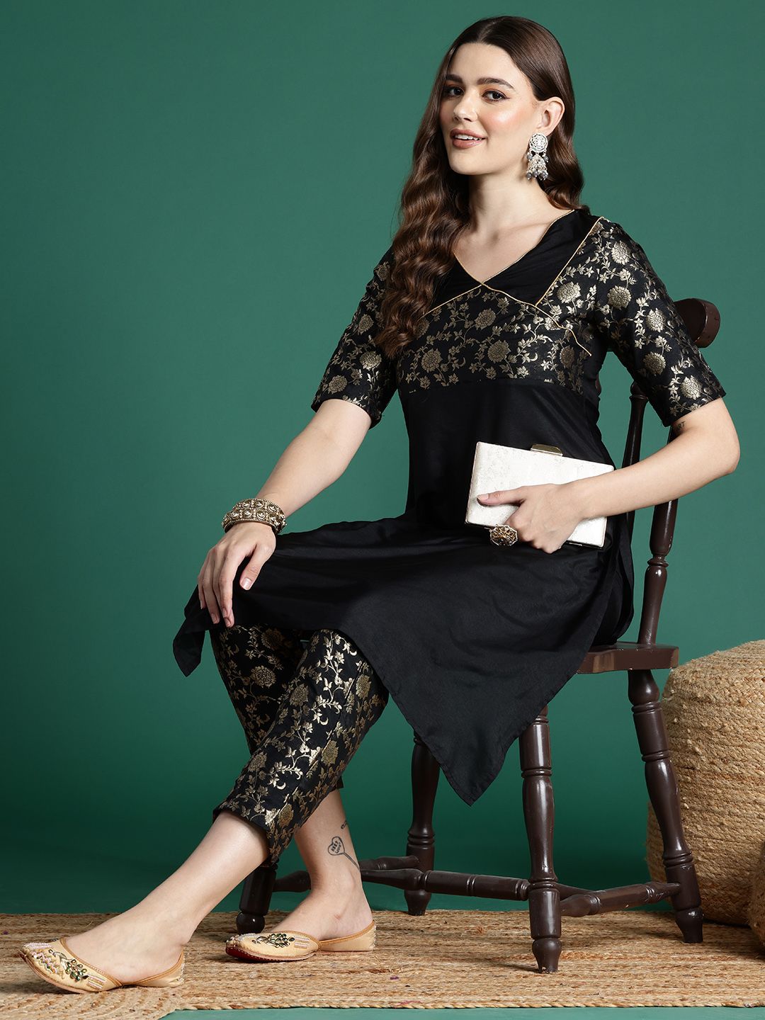 Sangria Floral Woven Designed Straight Kurta Set - Distacart