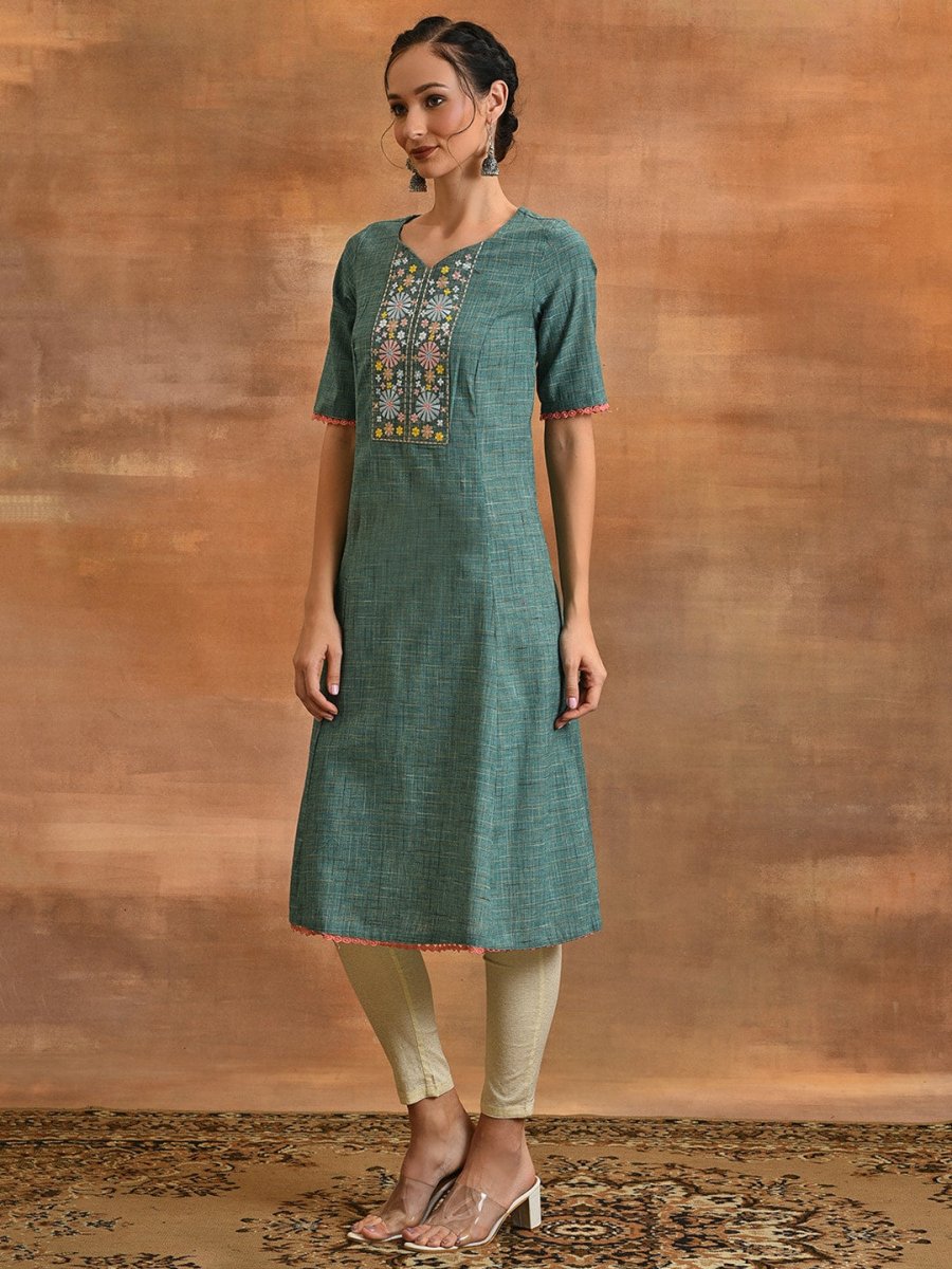 Aks Ethnic Motifs Embroidered V-Neck Thread Work Kurta - Distacart
