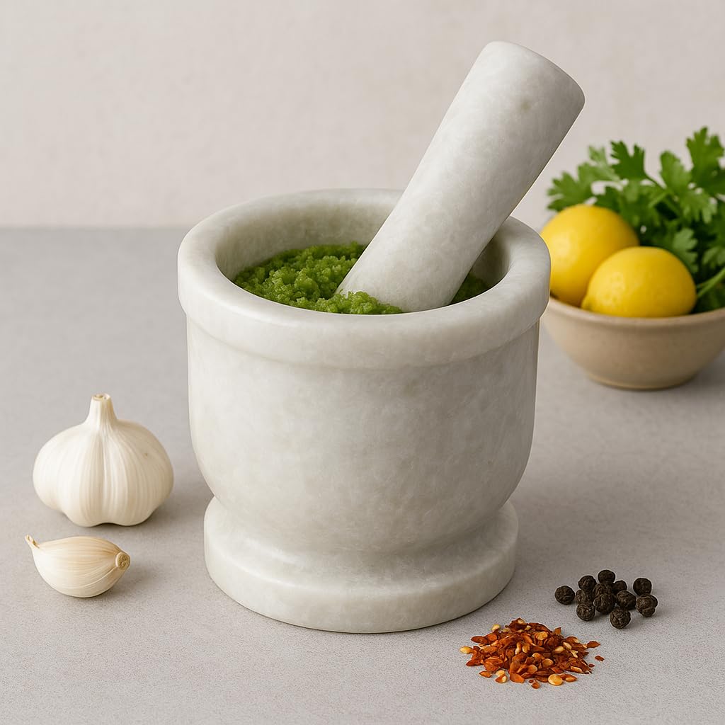Jaipur Ace Natural White Marble Mortar and Pestle Set-4x4 Inches (White) - Dista