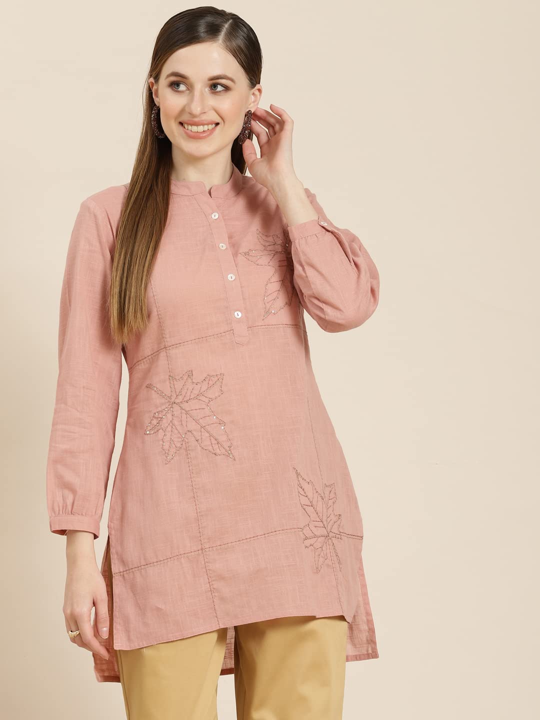 Juniper Women's Peach Embroidered Cotton Slub High-Low Tunic - Distacart