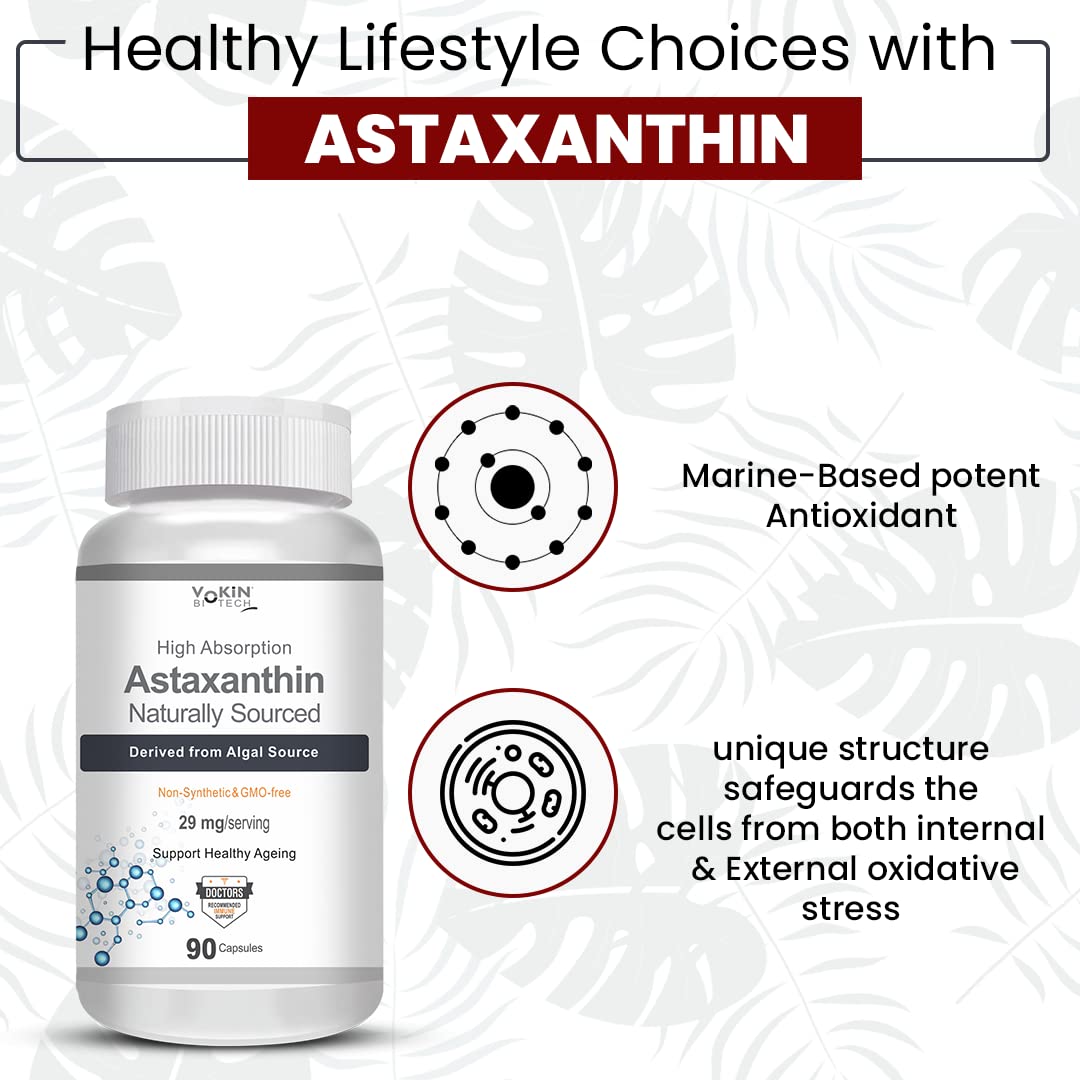Vokin Biotech Astaxanthin 29mg - Naturally Sourced from Algae - Non-Synthetic - Best or Healthy Ageing - 90 Capsules
