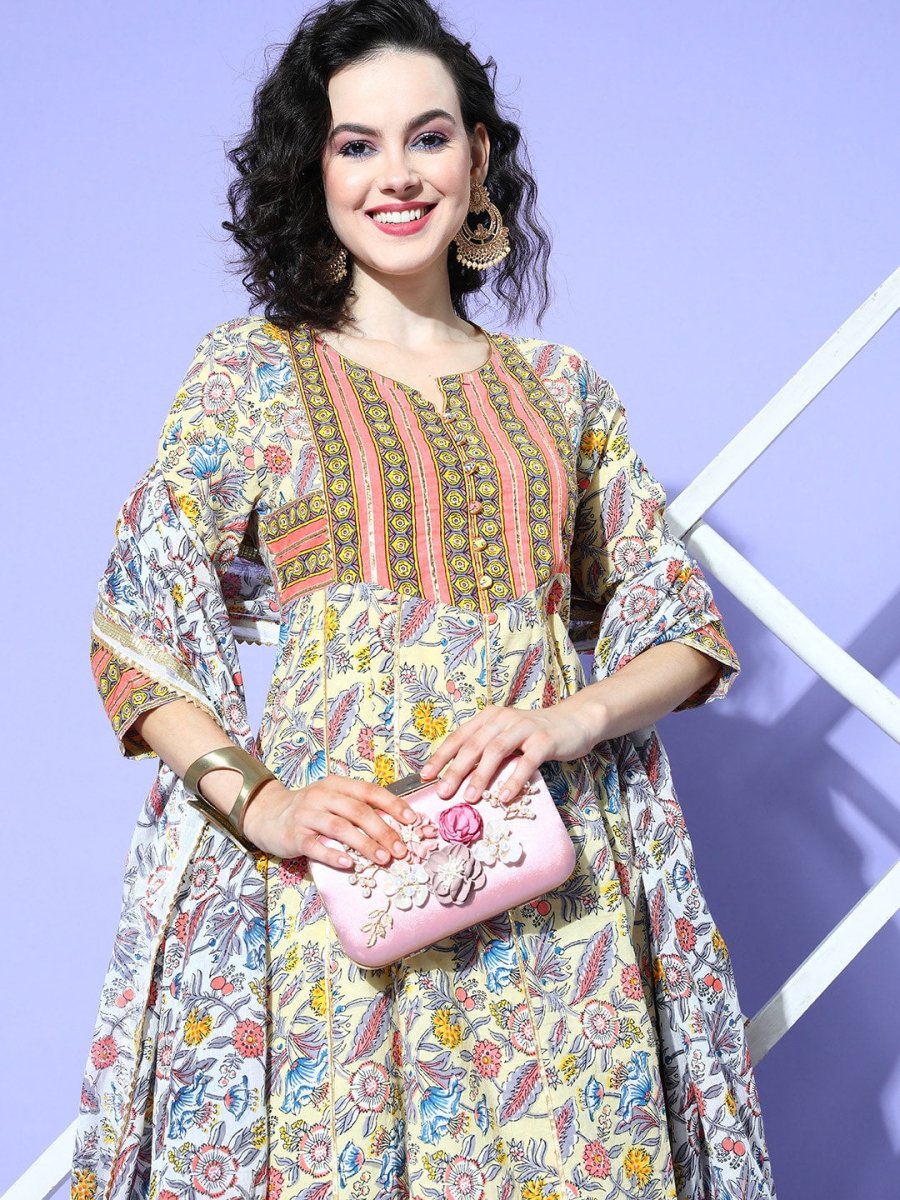 All About You Women Cream-Coloured Floral Printed Regular Gotta Patti Pure Cotton Kurta with Trousers & With - Distacart