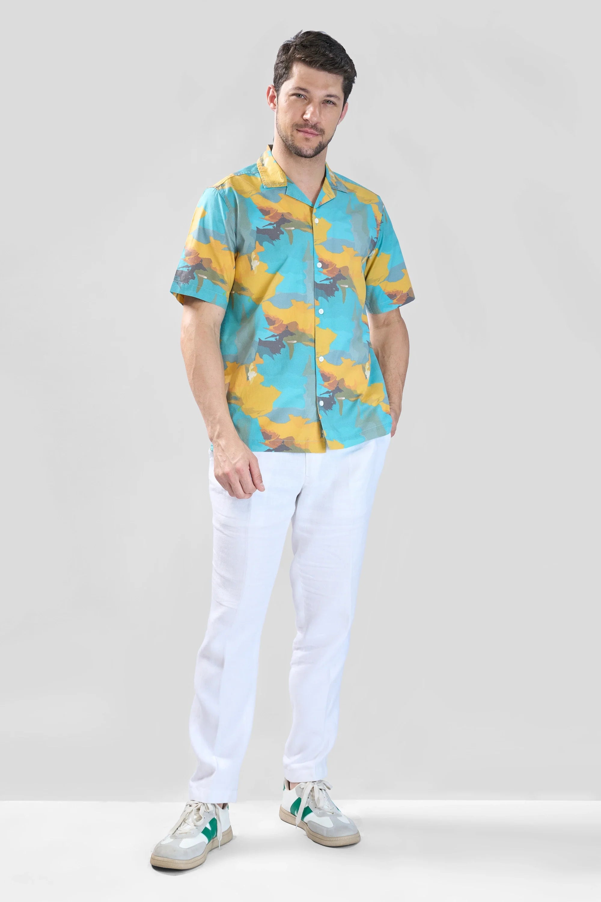 Xkind Teal Blue Abstract Printed Relaxed Fit Shirt