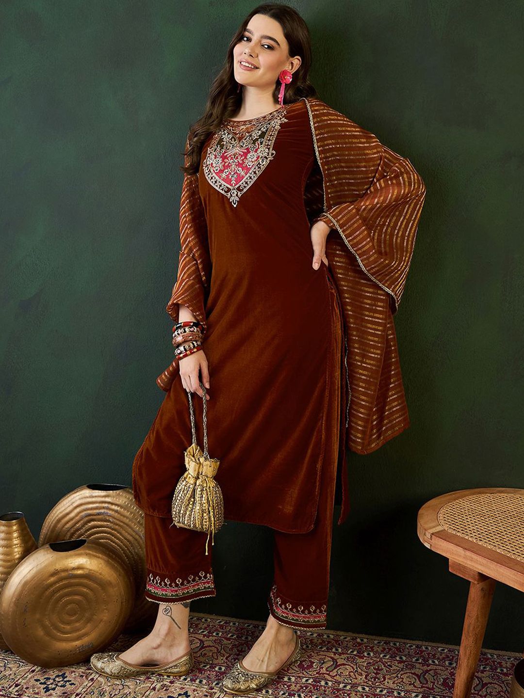 Sangria Embroidered Velvet Kurta & Trousers with Dupatta - Distacart