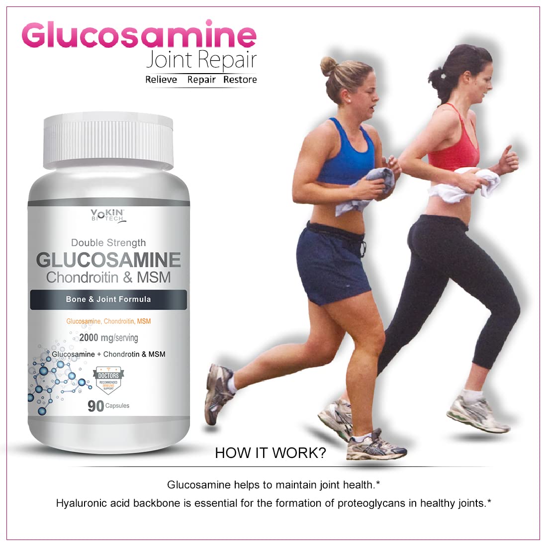 Vokin Biotech Glucosamine 1000mg, MSM 500mg & Chondroitin 500mg Support Joint Pain & Joint Strength 90 Capsules (Glucosamine)