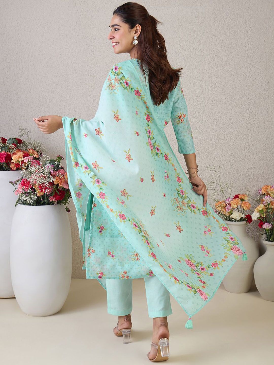 Indo Era Women Floral Embroidered Thread Work Linen Kurta with Trousers & With Dupatta