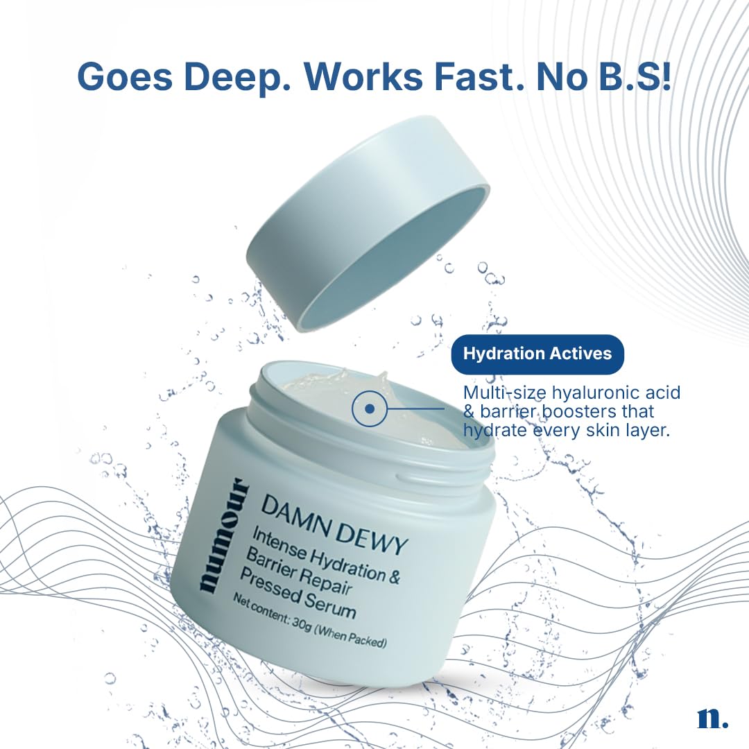 Numour Damn Dewy | Intense Hydration & Barrier Repair Pressed Serum 30g | India's 1st Hydrating Pressed Serum | 11% Hydration Actives | For Dry, Dehydrated, Sensitive & Combination Skin | Men & Women