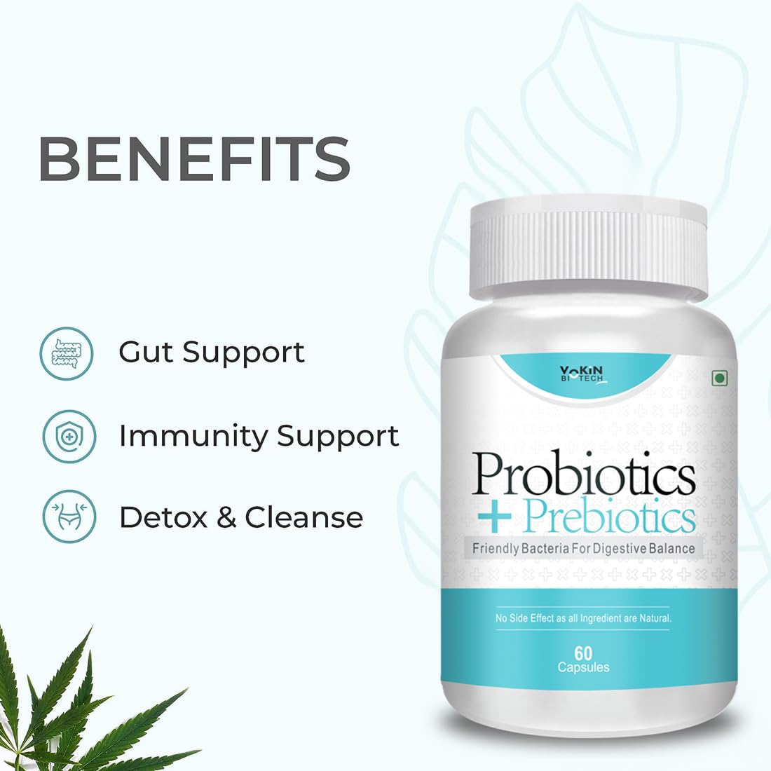 Vokin Biotech Probiotics+ Prebiotics Supplement 50 Billion Cfu For Women & Men With Prebiotics 150 mg | Probiotic Capsules For Digestion Support, Gut Health And Immunity – 60 Veg Capsules