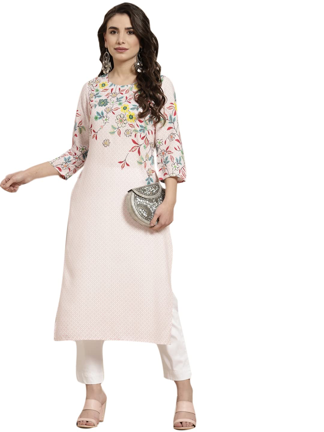 Juniper Women's Pink Floral Printed Rayon Kurta With Sequins & Beads Work - Distacart