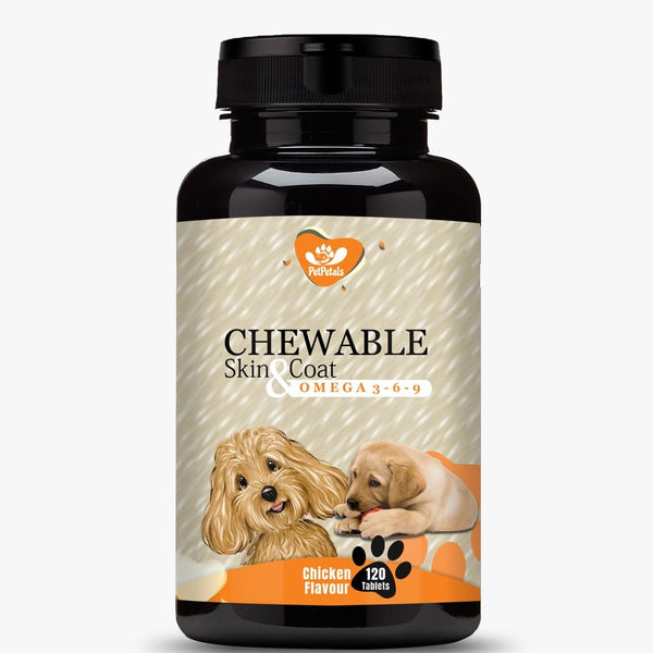 PetPetals Chewable Skin & Coat Tablets for Dog with Omega 3 Algal DHA, Biotin and Vitamin C for Skin Health & Shiny Coat | Chicken Flavour - 120 Tablets