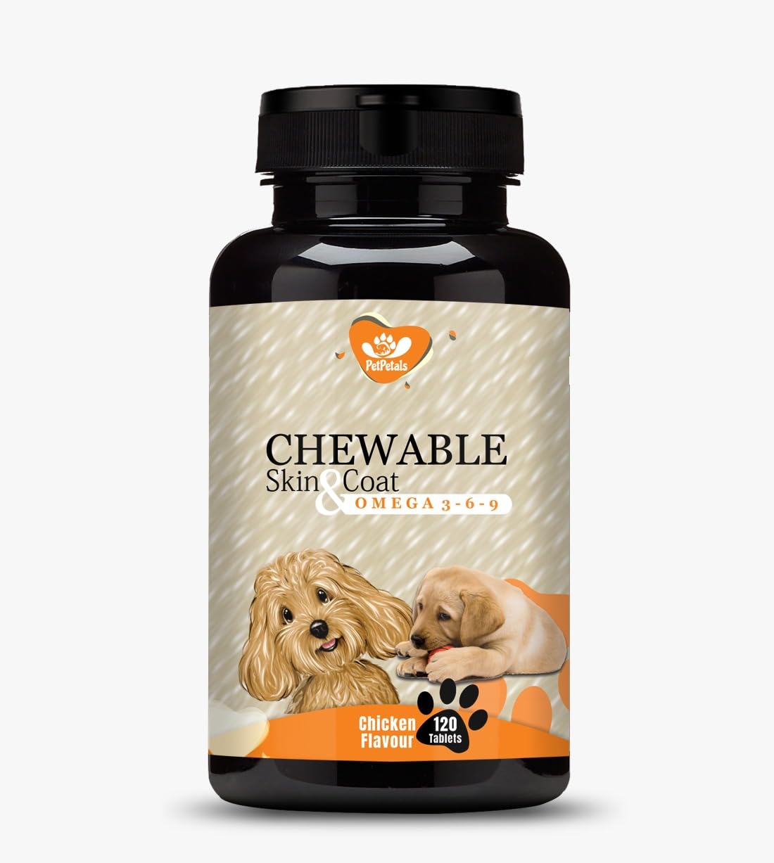 PetPetals Chewable Skin & Coat Tablets for Dog with Omega 3 Algal DHA, Biotin and Vitamin C for Skin Health & Shiny Coat | Chicken Flavour - 120 Tablets
