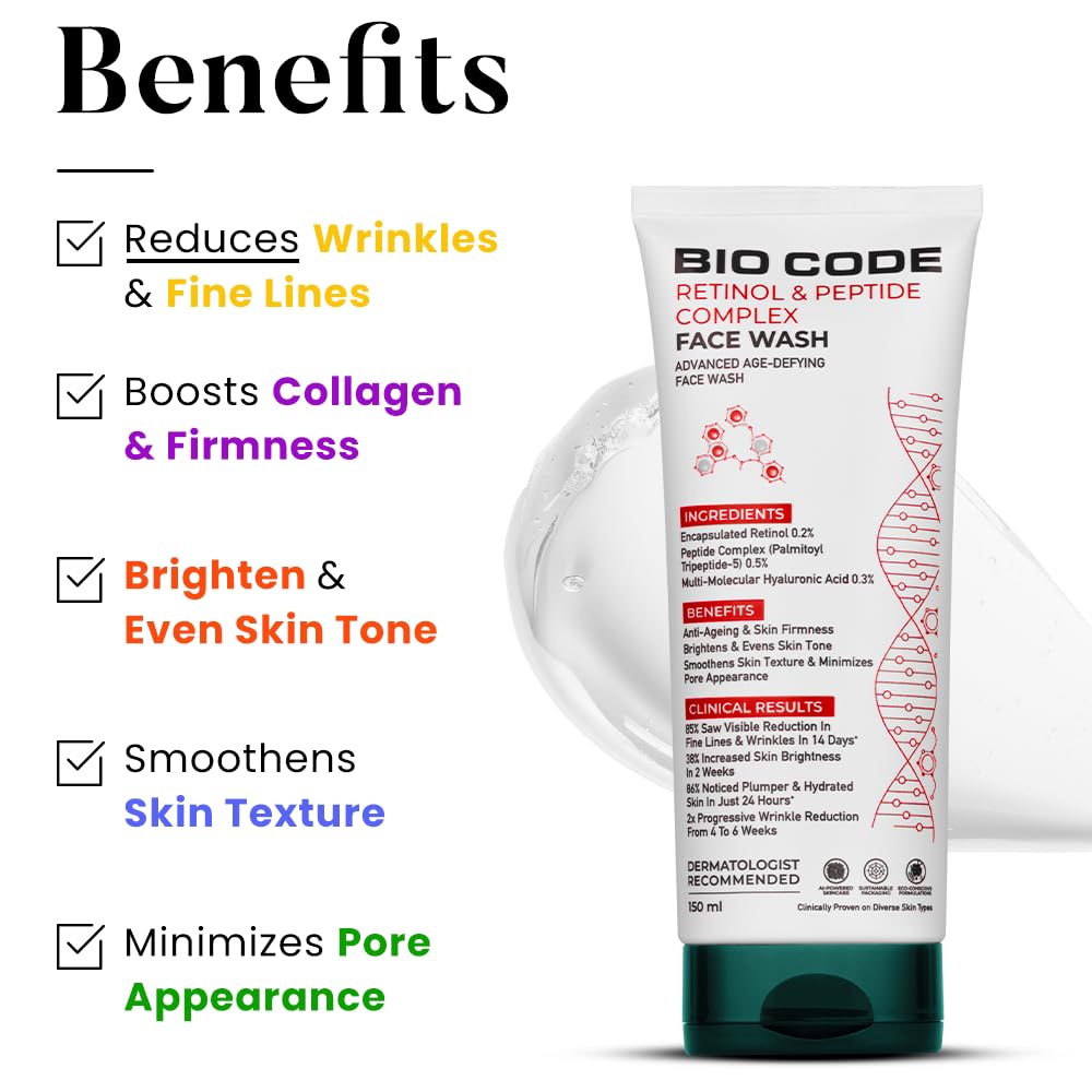 Bio Code Encapsulated Retinol 0.2% & Peptide Complex(Palmitoyl Tripeptide-5) 0.5%, Multi-Molecular Hyaluronic Acid 0.3% Face Wash – Advanced Age-Defy | AI-Enhanced Formula | Dermatologist Recommended