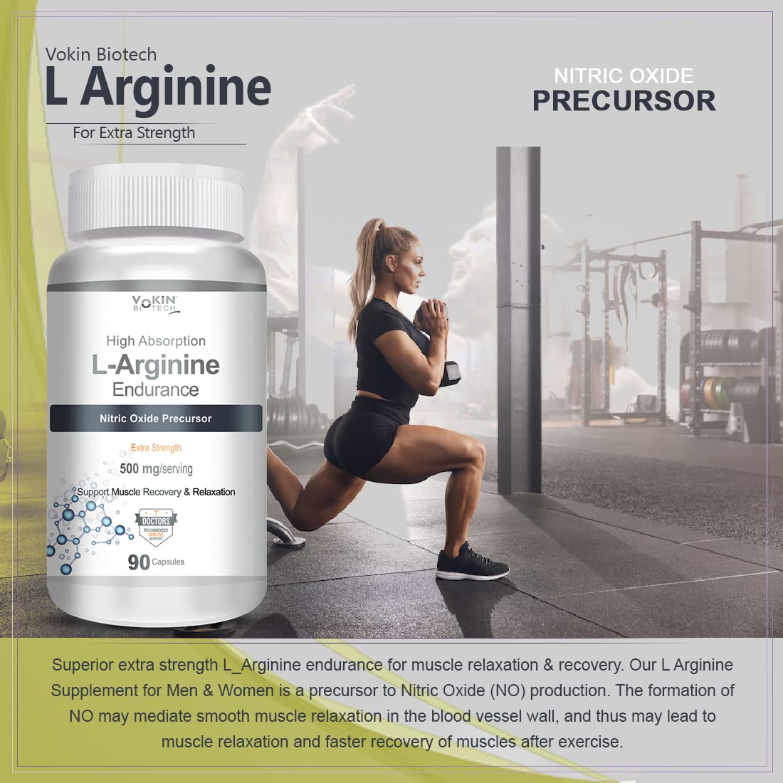 Vokin Biotech L-Arginine 500mg,Support Muscle Recovery & Relaxation, 90 Capsules