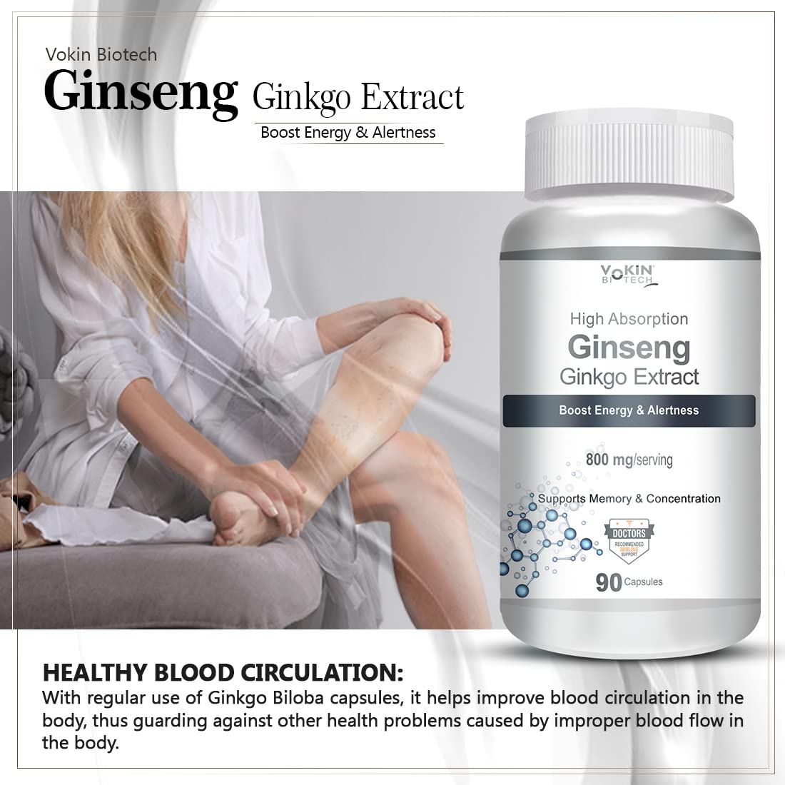 Vokin Biotech Ginseng Ginkgo Extract For Blood Circulation 90 Veg Capsules