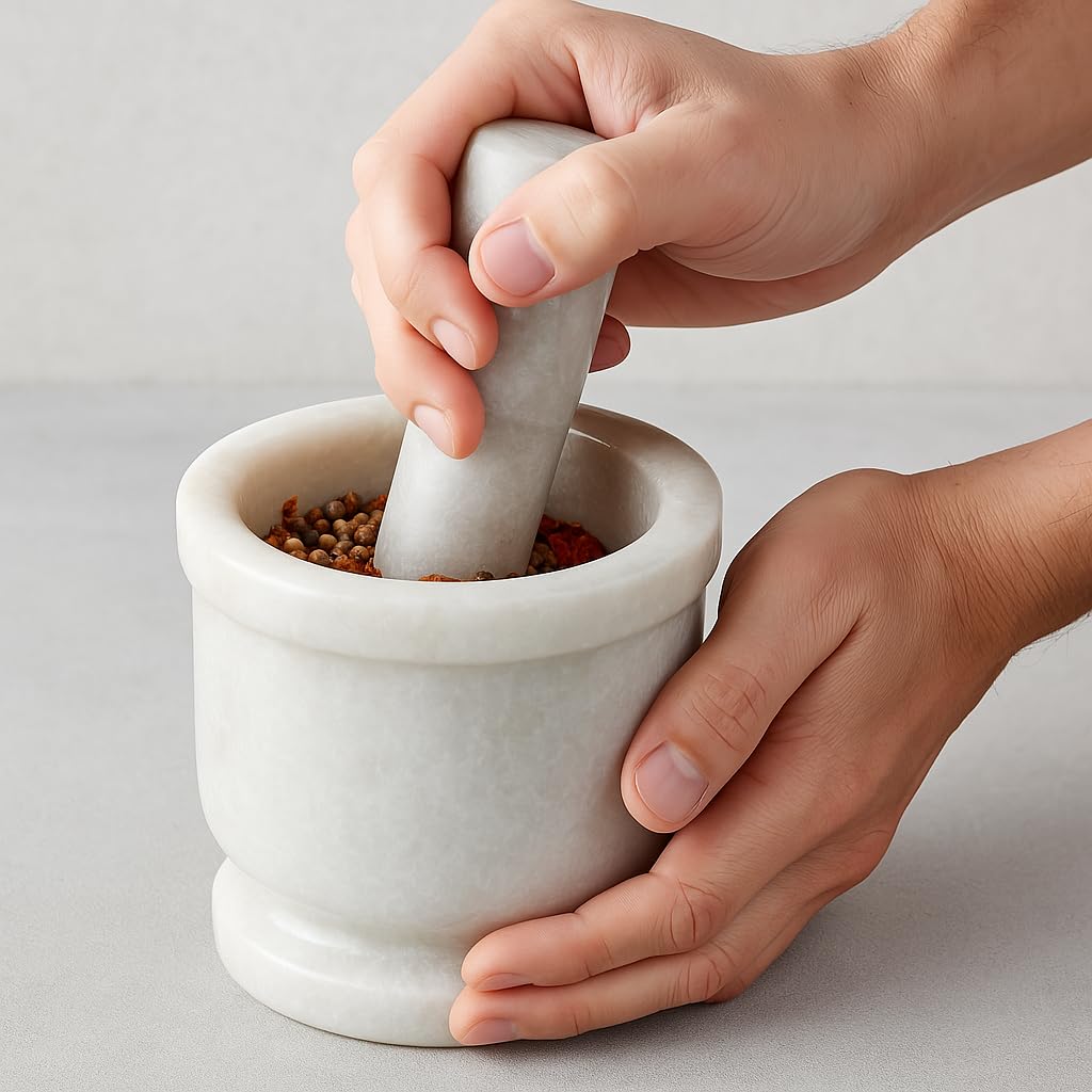 Jaipur Ace Natural White Marble Mortar and Pestle Set-4x4 Inches (White) - Dista