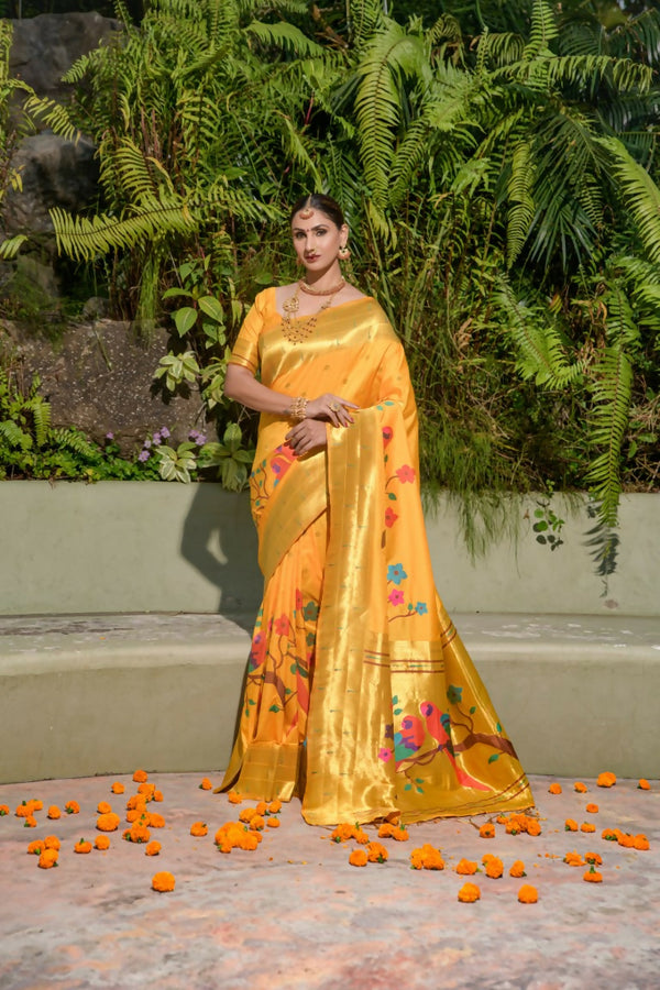 Jyoti Fashion Women's Yellow Paithani Silk Zari Woven Saree with Blouse - Distacart