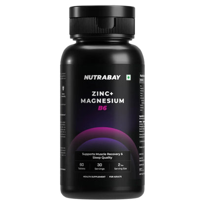 Nutrabay Pro Zinc Magnesium (ZMA) with 100% RDA Zinc, Magnesium Aspartate & Vitamin B6 – Muscle Strength, Recovery, Better Sleep & Anxiety Relief – 60 Veg Tablets | Tested for Purity