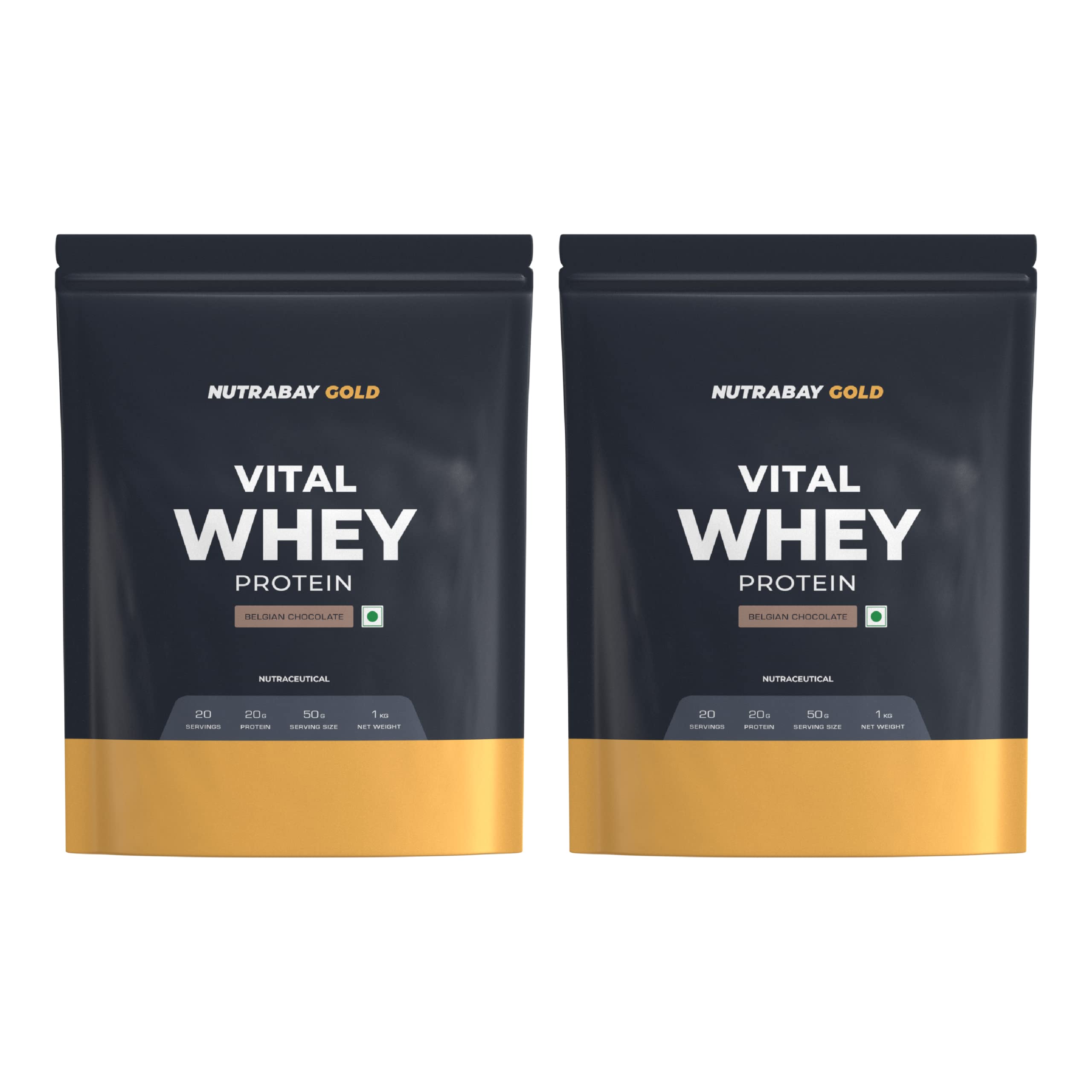 Nutrabay Gold Vital Whey Protein for Beginners with Added Vitamins & Minerals – Muscle & Body Strength – 2kg (2x1kg Pack), Belgian Chocolate |Easy to Digest | 100% Authentic Imported Clean Protein