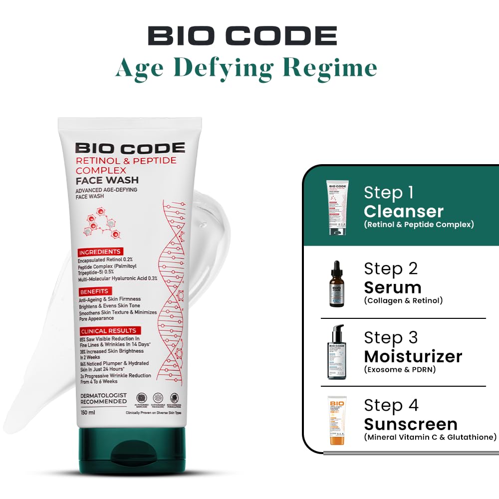 Bio Code Encapsulated Retinol 0.2% & Peptide Complex(Palmitoyl Tripeptide-5) 0.5%, Multi-Molecular Hyaluronic Acid 0.3% Face Wash – Advanced Age-Defy | AI-Enhanced Formula | Dermatologist Recommended