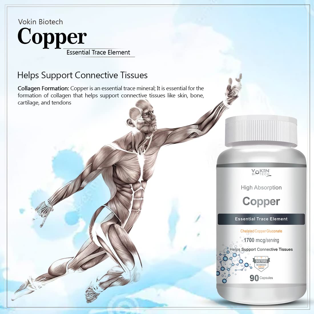 Vokin Biotech Chelated Copper Gluconate – Support Connective Tissues –1700mcg – 90 Capsules