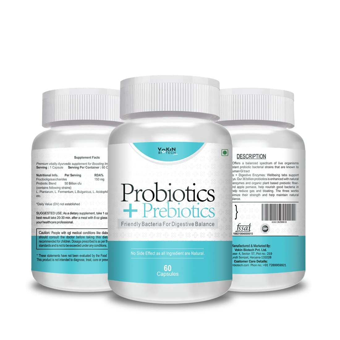 Vokin Biotech Probiotics+ Prebiotics Supplement 50 Billion Cfu For Women & Men With Prebiotics 150 mg | Probiotic Capsules For Digestion Support, Gut Health And Immunity – 60 Veg Capsules