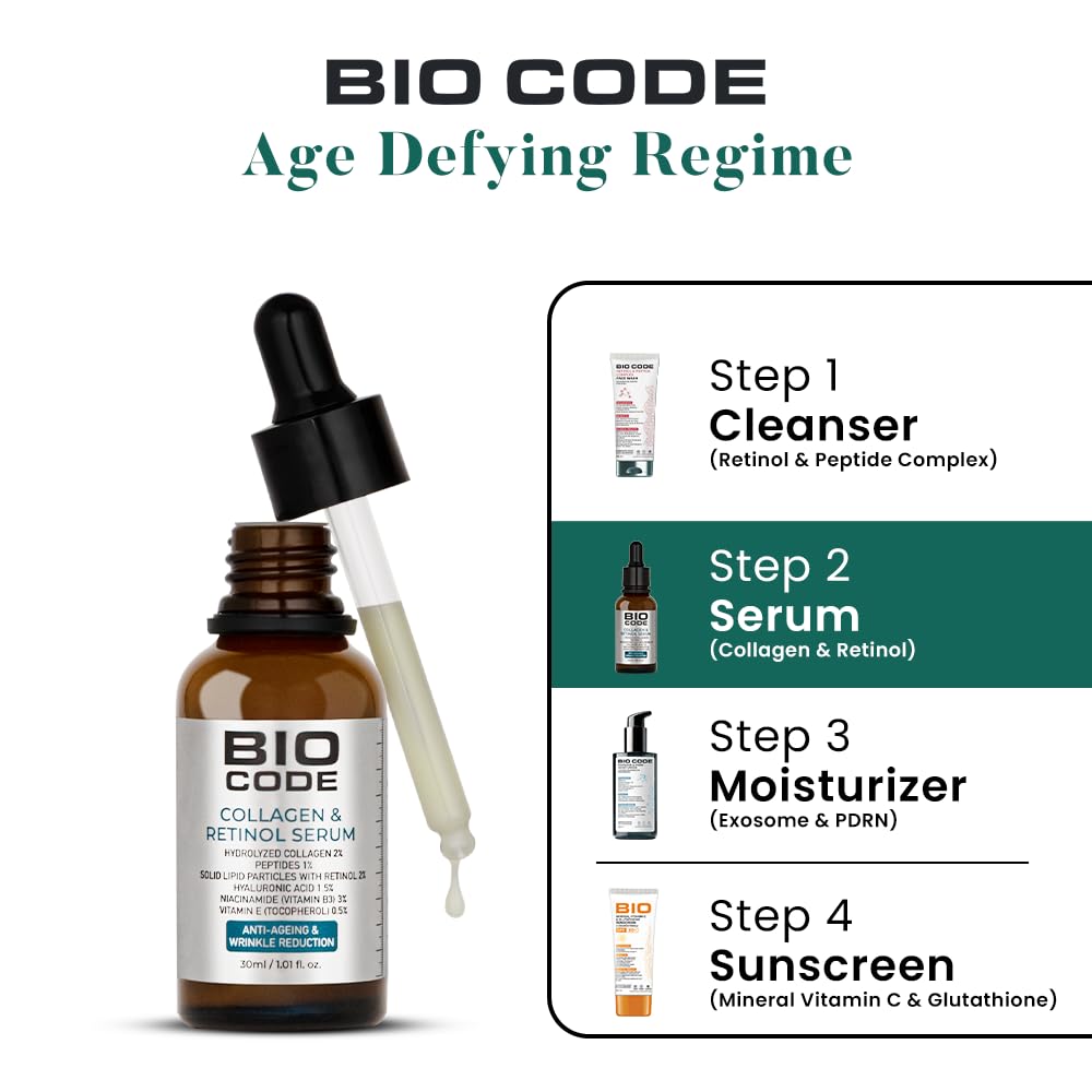 Bio Code Hydrolyzed Collagen 2% & Peptides 1%, Solid Lipid Particle with Retinol 2% Hyaluronic Acid 1.5%, Niacinamide(Vitamin B3) 3% Vitamin E (Tocopherol) 0.5% Serum - Advanced Anti-Aging with Hyaluronic Acid | AI-Enhanced Formula | Dermatologist Recommended
