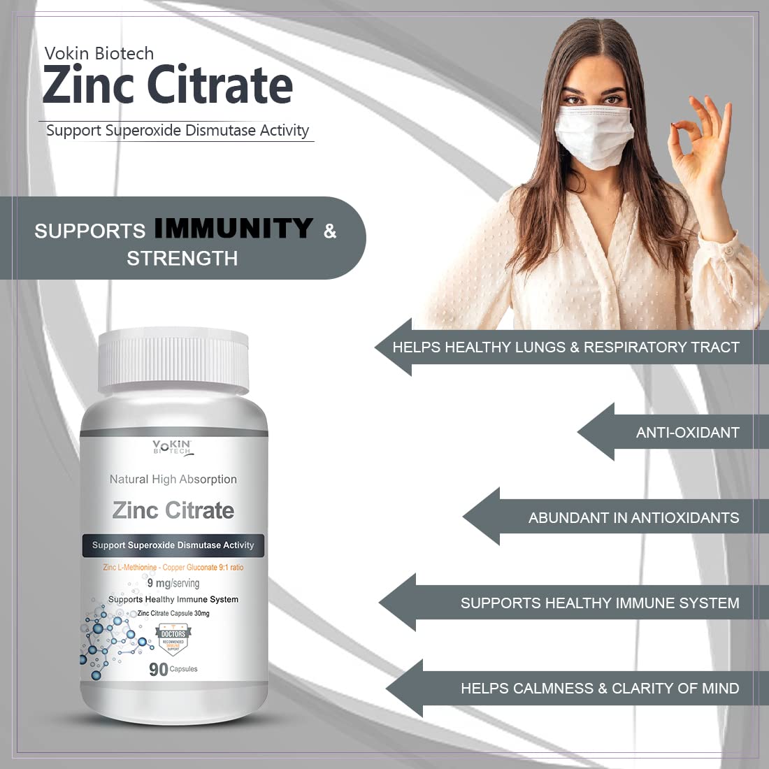 Vokin Biotech Zinc Citrate Supports Healthy Immune system (90 Capsules)