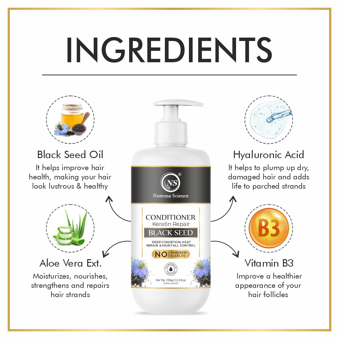 Nuerma Science Keratin Repair Black Seed Hair Conditioner to Deep Cleanse, Heat Repair & Hair Fall Control