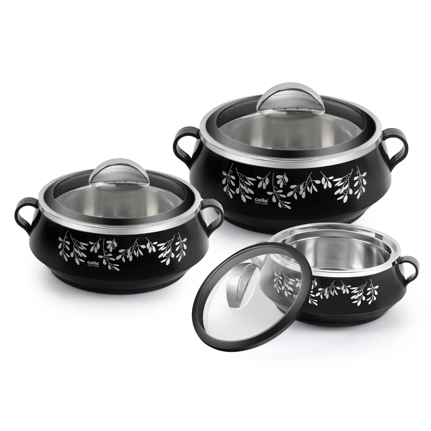 CELLO Glitter Casserole with Inner Steel 3 Unit, Black - Dista