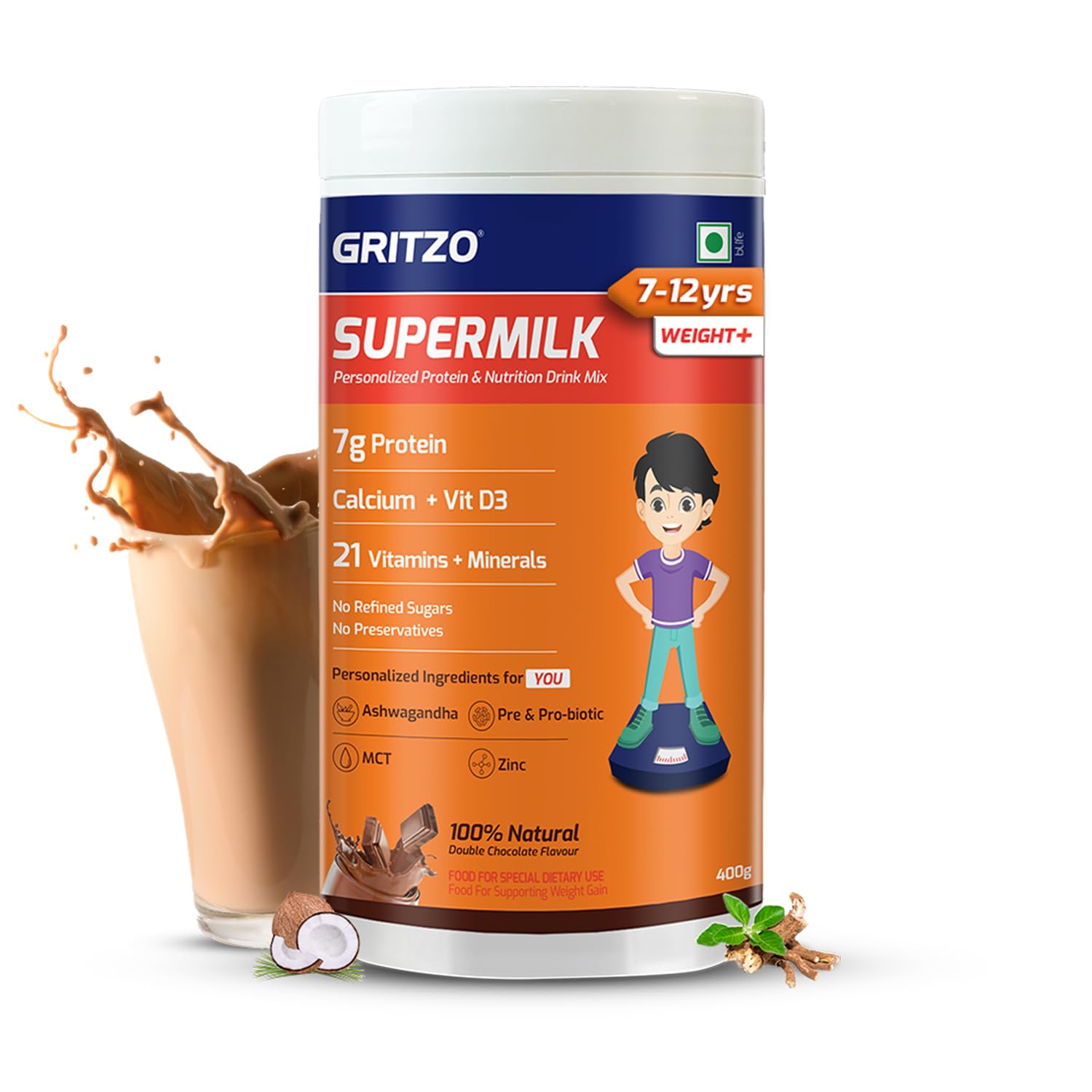 Gritzo Supermilk Weight+ for Boy/Girl 7 to 12 years (Double Chocolate) - Distacart