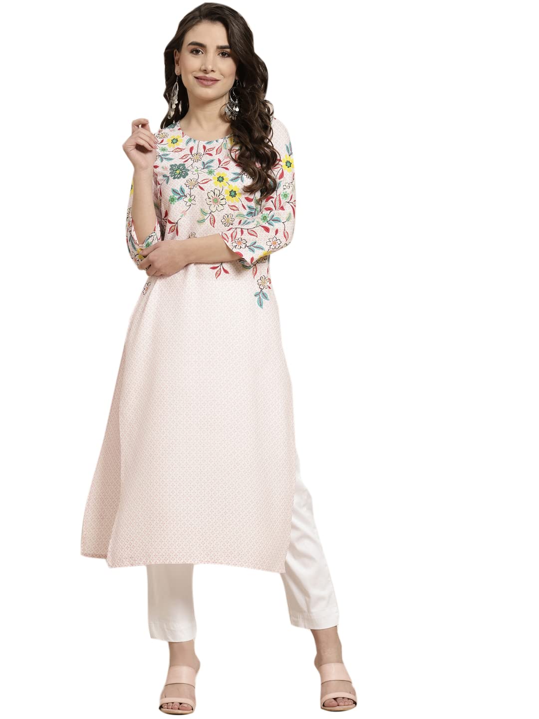 Juniper Women's Pink Floral Printed Rayon Kurta With Sequins & Beads Work - Distacart
