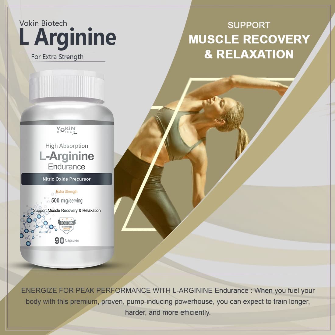 Vokin Biotech L-Arginine 500mg,Support Muscle Recovery & Relaxation, 90 Capsules