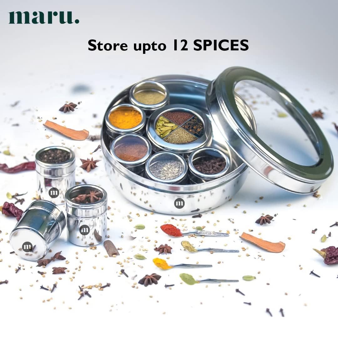 MARU Steel 12-in-1 Spice Box For Kitchen, Durable Masala Dani with Middle Partition Container - Dista