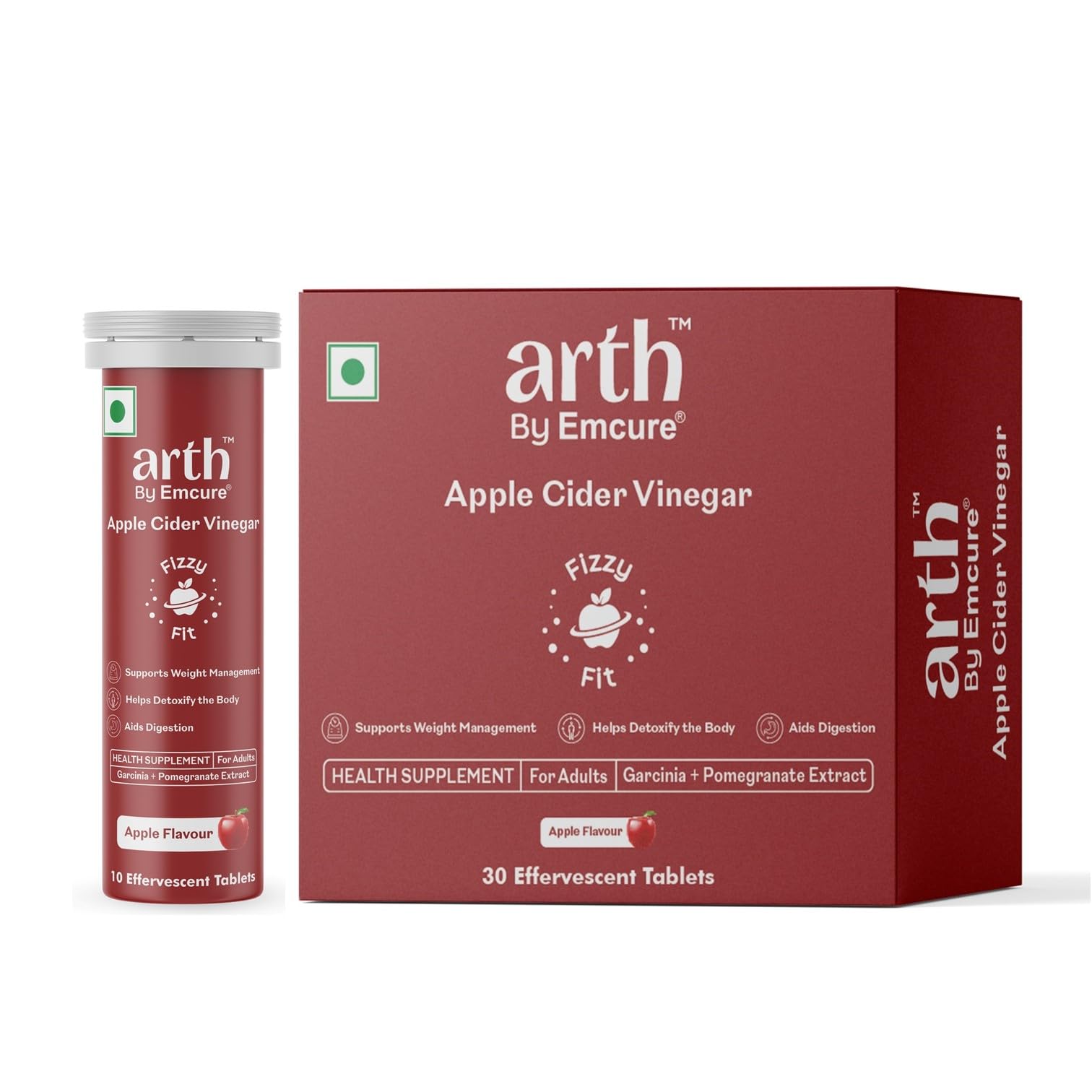 Arth Apple Cider Vinegar Effervescent Tablet With Garnicia Extract to aid appetite control | 30 tablets Pack | Weight Management & Improved digestion | 500mg ACV, Vit B6 & B12