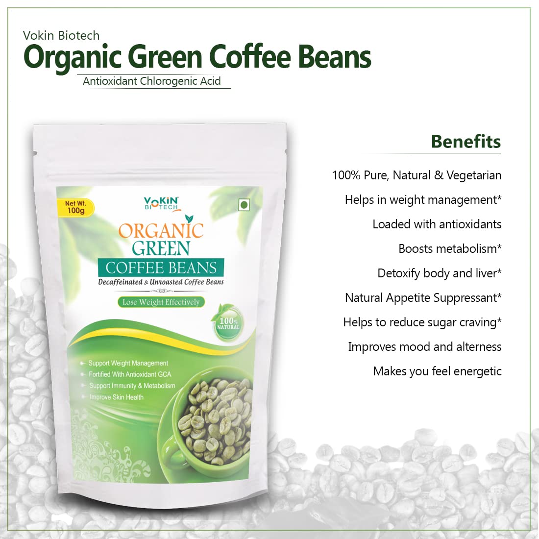 Vokin Biotech Organic Green Coffee Beans Decaffeinated & Unroasted Arabica Coffee100Gm For Weight Management